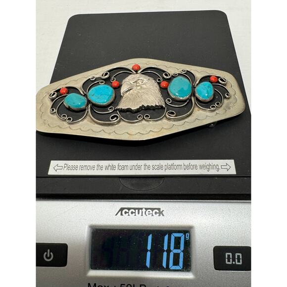 LARGE Native American Belt Buckle Raised Eagle Head Turquoise Coral Silver Tone - Picture 2 of 8